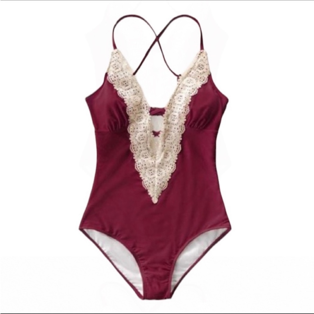 Cupshe Lace Trim Criss Cross Plunge Cutout One Piece Backless Bathing suit - Picture 1 of 7